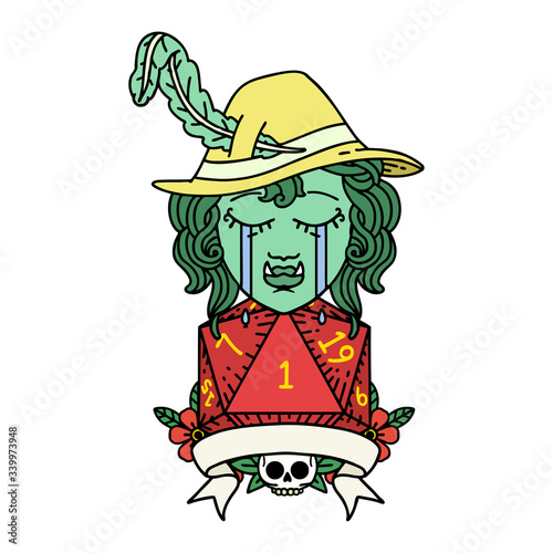 crying orc bard character with natural one D20 roll illustration