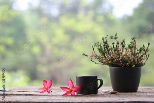 black coffee mug and flower with heathers plant in black pot on wooden table at outdoor