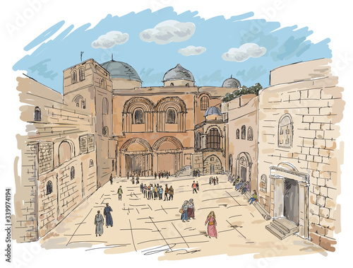 Church of the Holy Sepulchre in Jerusalem. Israel. Hand drawing illustration. 
