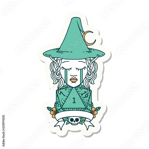 crying elf mage character with natural one dice roll sticker