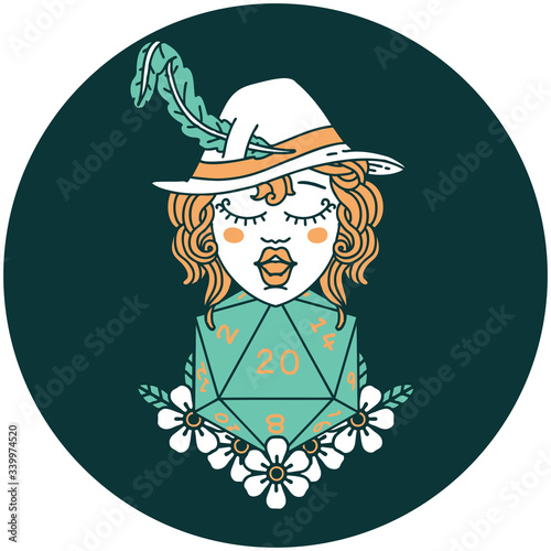 human bard with natural 20 dice roll icon