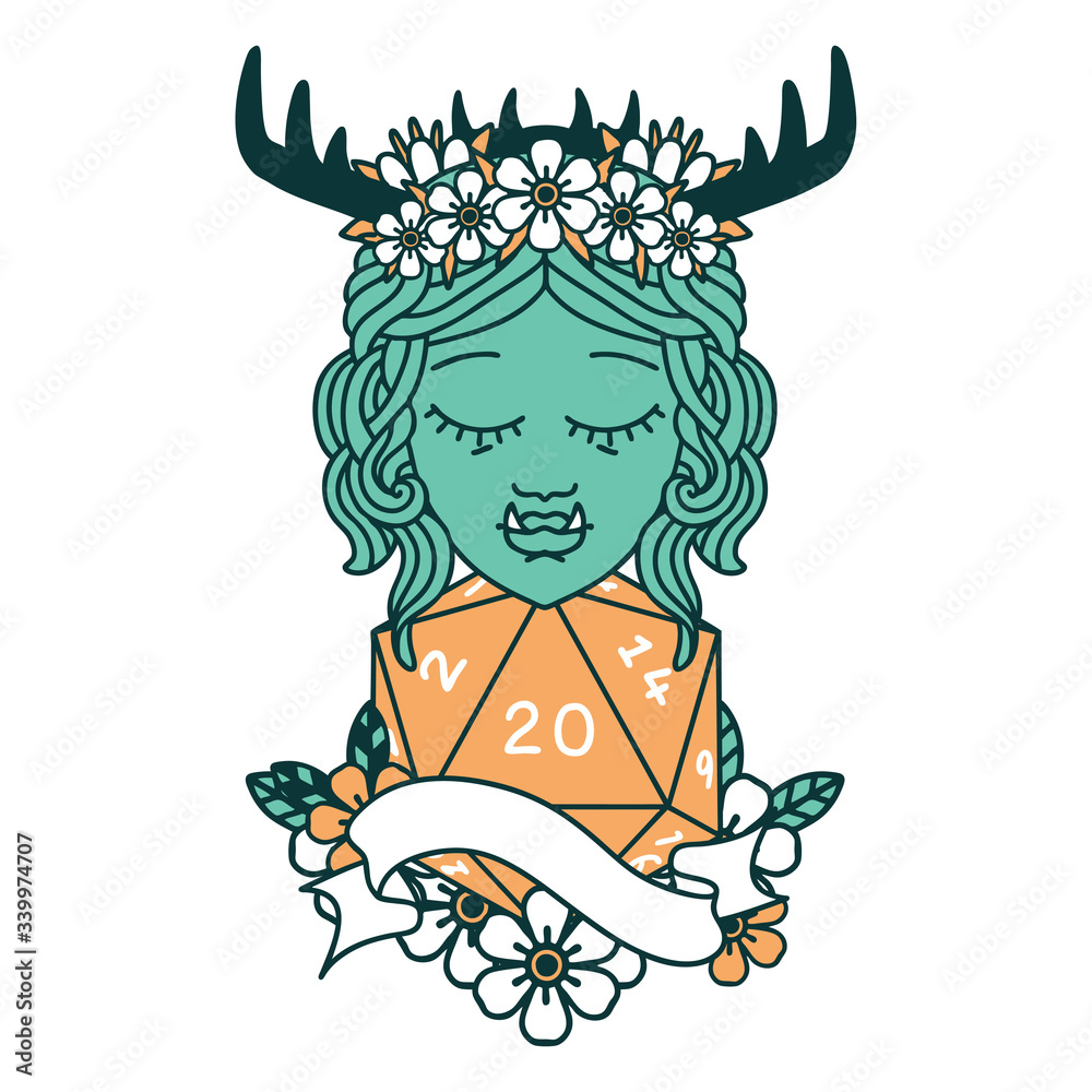 half orc druid character with natural 20 dice roll illustration half orc druid character with natural 20 dice roll illustration