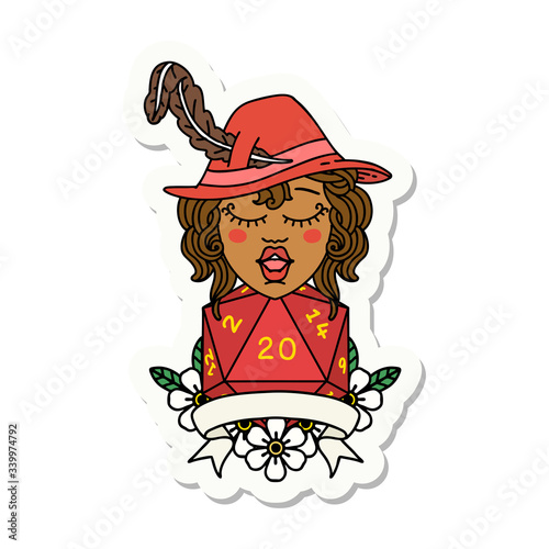 human bard character with natural 20 dice roll sticker