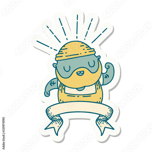 sticker of tattoo style bearded man flexing bicep