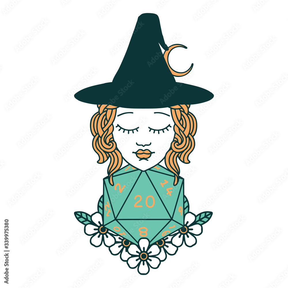 human witch with natural twenty dice roll illustration human witch with natural twenty dice roll illustration