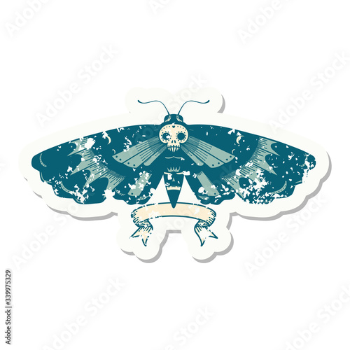 grunge sticker with banner of a deaths head moth