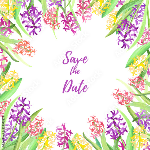 Save the date or congratulation, invitation card square template with Spring hyacinths flowers on white background. Hand painted in watercolor © Ginger Lemon