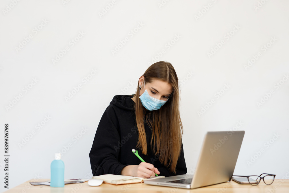 Woman work from home wearing mask protection wait for epidemic situation to improve soon at home. Coronavirus, covid-19 Woman work from home wearing mask protection wait for epidemic situation to improve soon at home. Coronavirus, covid-19