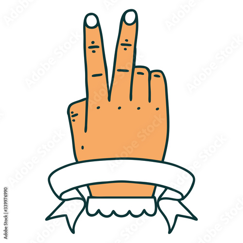 victory v hand gesture with banner illustration