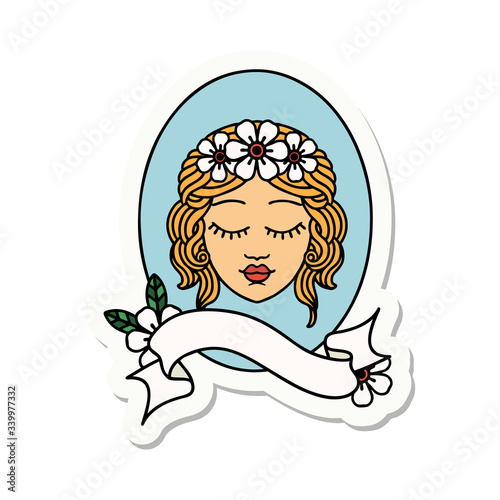tattoo sticker with banner of a maiden with eyes closed