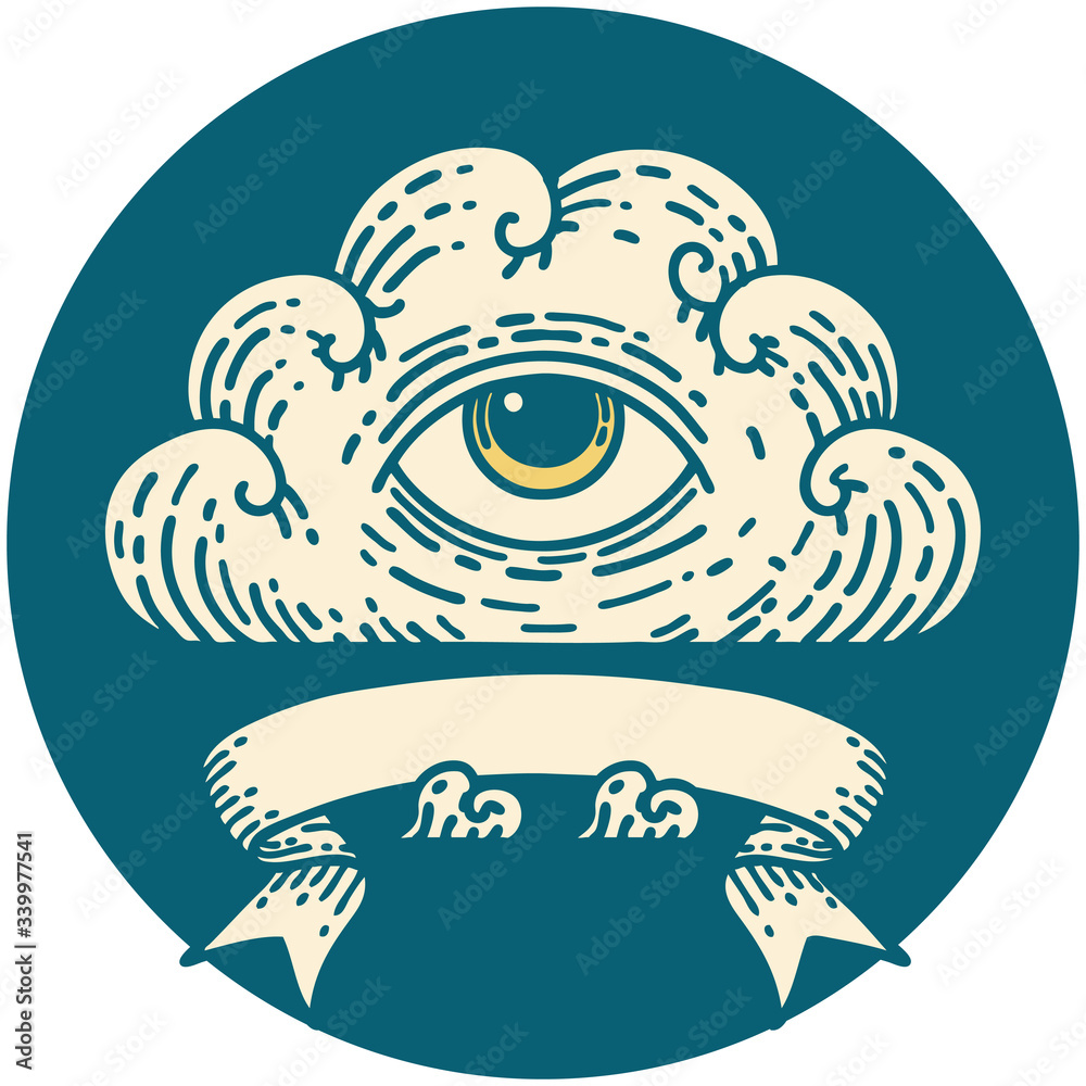 icon with banner of an all seeing eye cloud icon with banner of an all seeing eye cloud