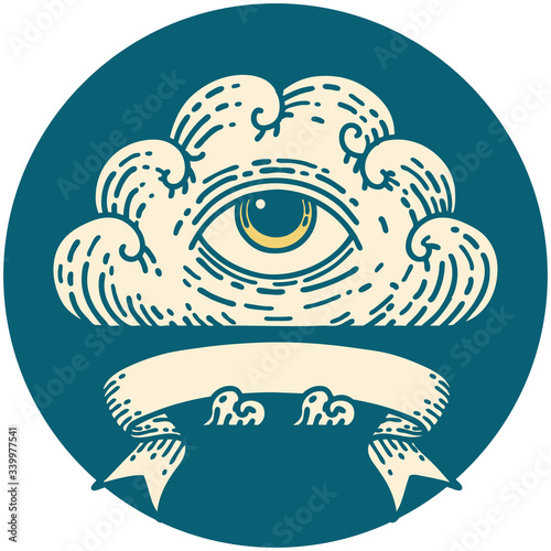 icon with banner of an all seeing eye cloud