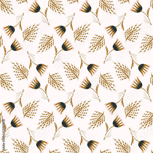 Neutral scandi floral leaf seamless vector background pattern. Stylized paper cut out leaves doodle texture. Modern scandi flower decor swatch. Decorative bright japanese stationery all over print