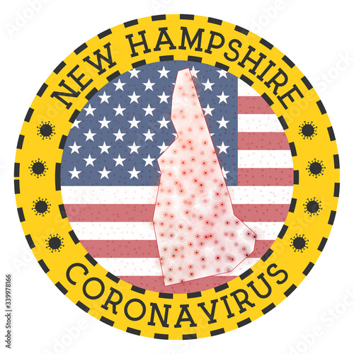 Coronavirus in New Hampshire sign. Round badge with shape of New Hampshire. Yellow US state lockdown emblem with title and virus signs. Vector illustration.