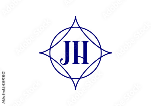 Elegant JH Initial Logo Design with Circular Motif and Compass Points in Blue Ink