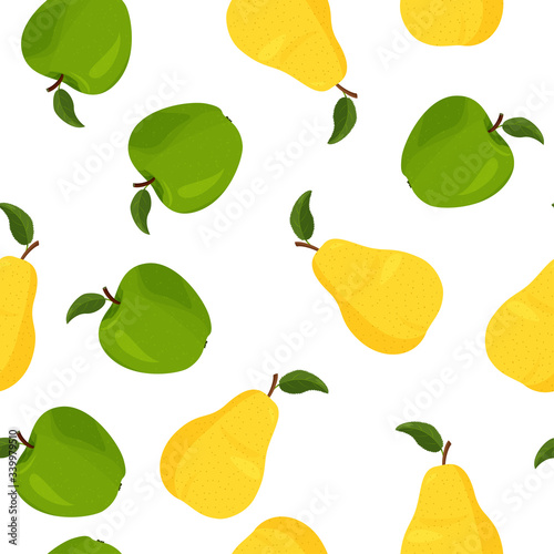 Fresh yellow pear and green apple seamless pattern. Bright summer background.