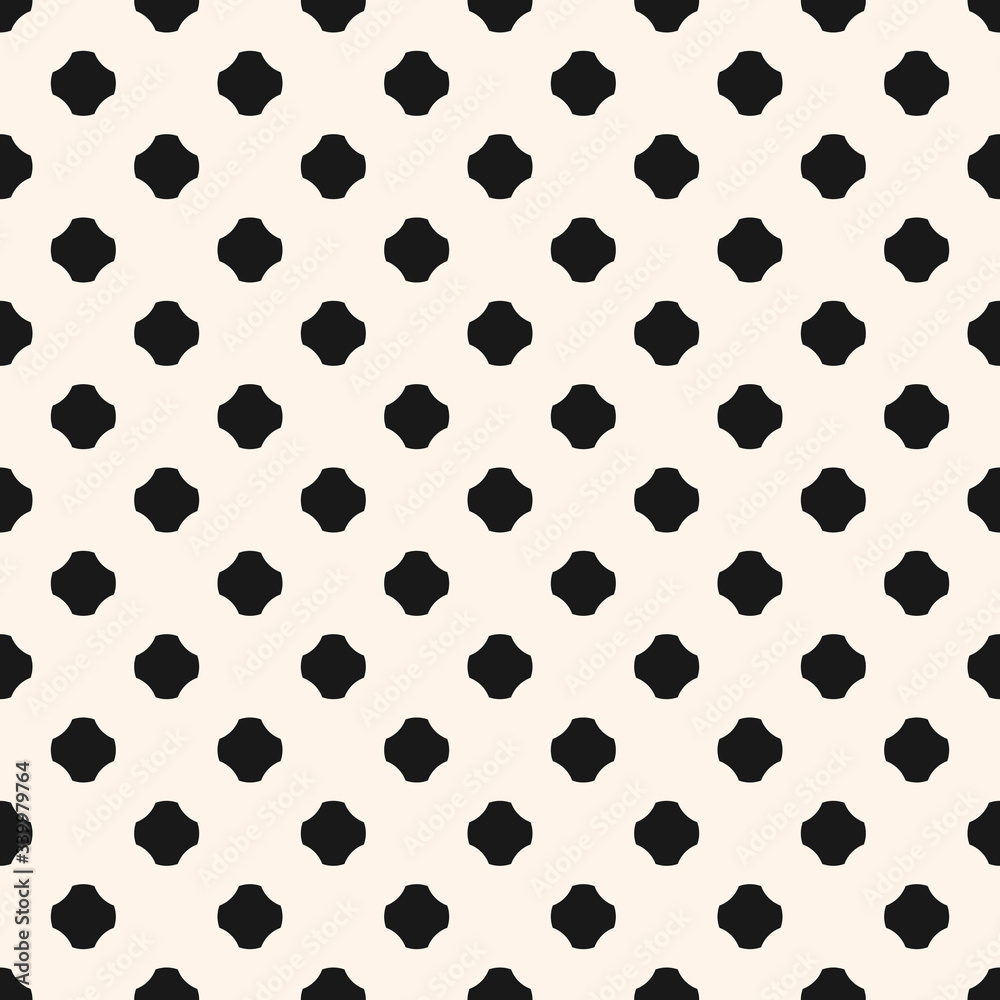 Minimalist vector seamless pattern. Simple abstract geometric background with rounded crosses, floral shapes. Black and white polka dot repeat texture. Design for decoration, textile, fabric, wrapping Minimalist vector seamless pattern. Simple abstract geometric background with rounded crosses, floral shapes. Black and white polka dot repeat texture. Design for decoration, textile, fabric, wrapping