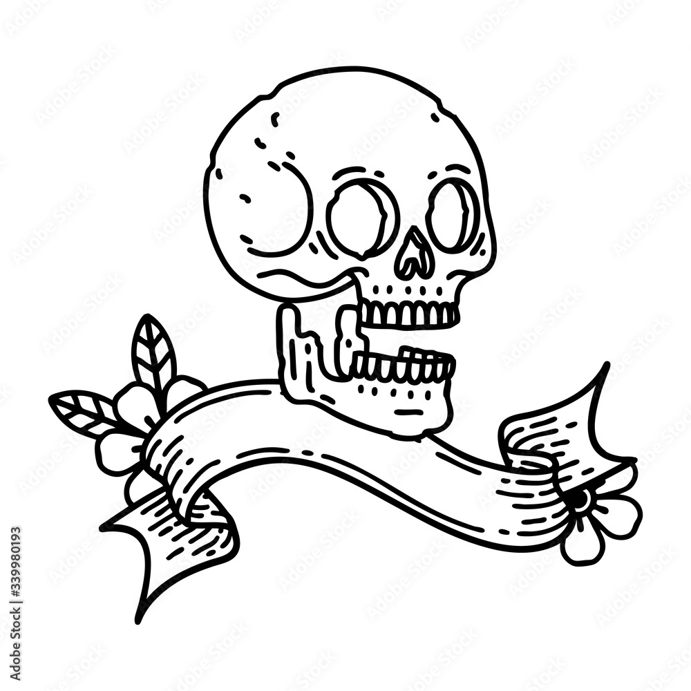 black linework tattoo with banner of a skull black linework tattoo with banner of a skull