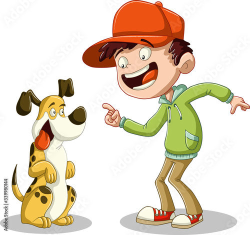 Cartoon boy with his dog. Vector illustration of funny happy pet with kid.