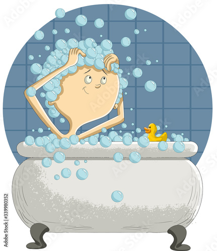 Cartoon boy taking bath in bathtub full of bubbles. 
