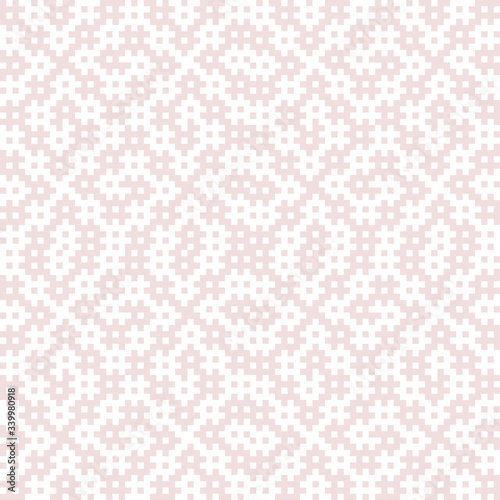 Vector minimalist seamless pattern. Subtle white and pink background. Traditional geometric ornament with tiny squares. Texture of embroidery, knitting, fabric, jacquard, cloth. Simple repeat design