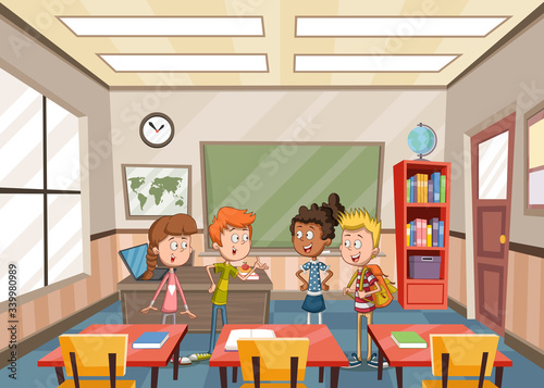 Cartoon students in classroom. School building.