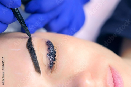 Cosmetologist making lash laminating, eyebrow and lash painting for woman in beauty clinic, eye closeup. Beautician applying dark brown paint on woman's brows using brush in cosmetology.