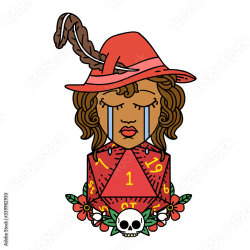 crying human bard with natural one D20 dice roll illustration