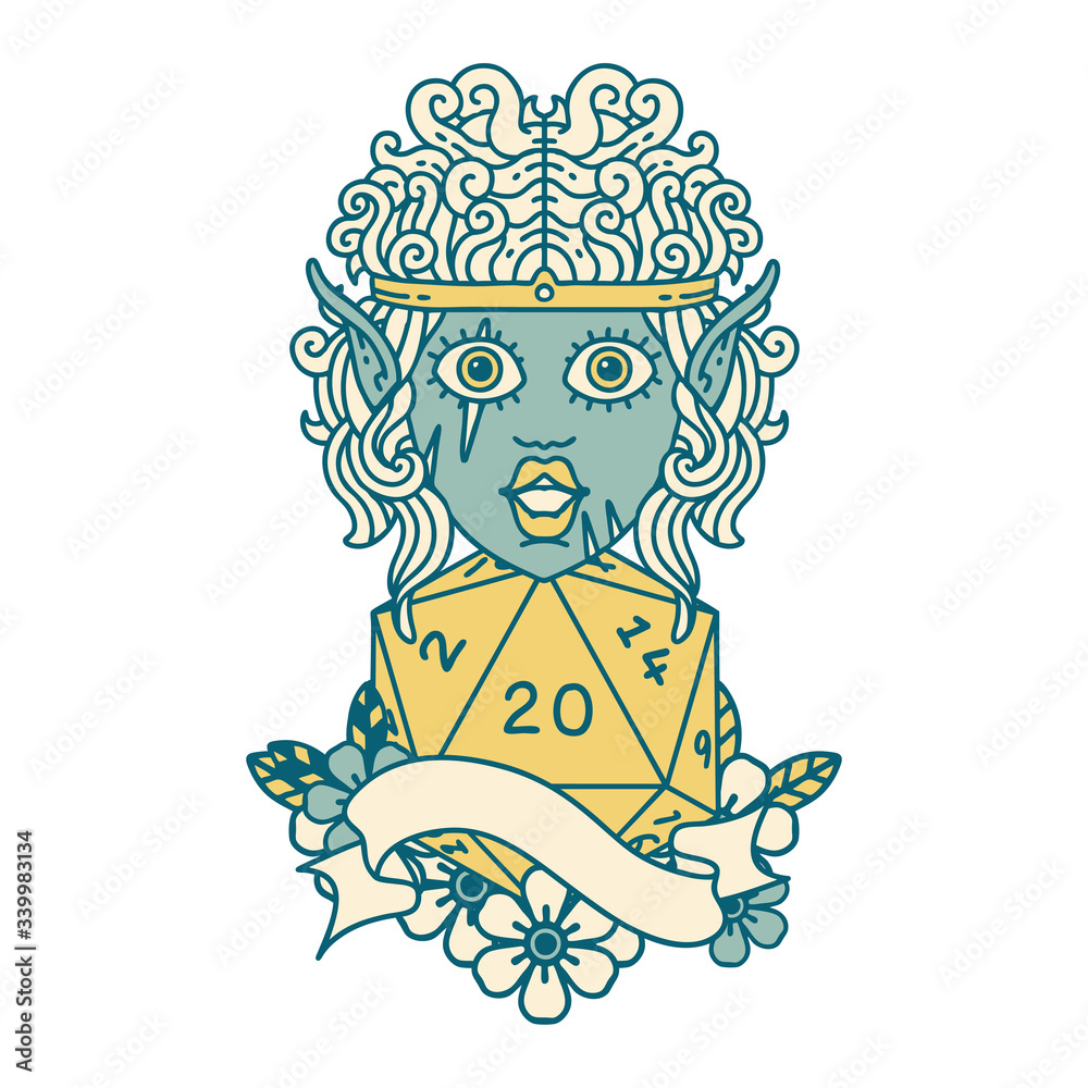 elf barbarian character face with natural twenty dice roll illustration elf barbarian character face with natural twenty dice roll illustration