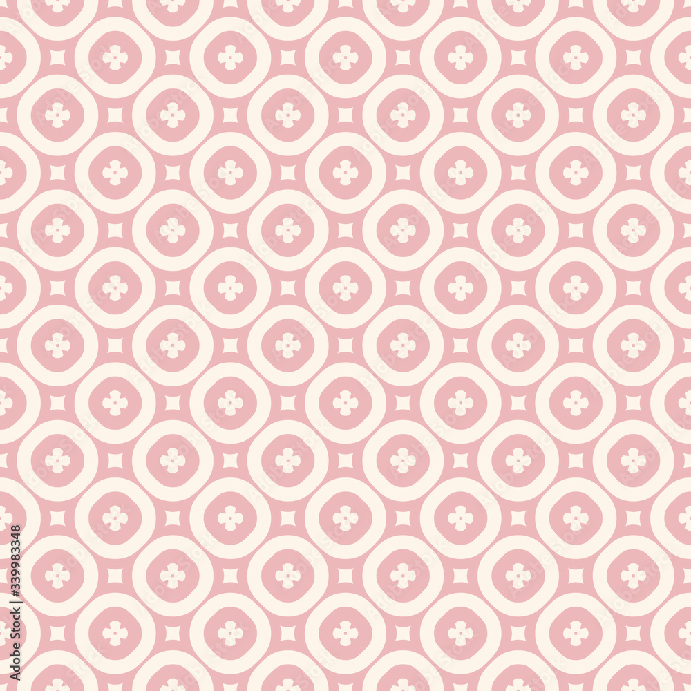 Elegant minimalist floral pattern in pink and beige colors. Subtle abstract geometric texture with small flowers, circles, grid, mesh, lattice. Simple repeat background. Cute design for girls, babies