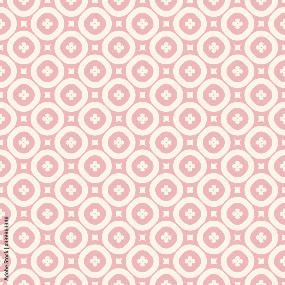 Elegant minimalist floral pattern in pink and beige colors. Subtle abstract geometric texture with small flowers, circles, grid, mesh, lattice. Simple repeat background. Cute design for girls, babies Elegant minimalist floral pattern in pink and beige colors. Subtle abstract geometric texture with small flowers, circles, grid, mesh, lattice. Simple repeat background. Cute design for girls, babies