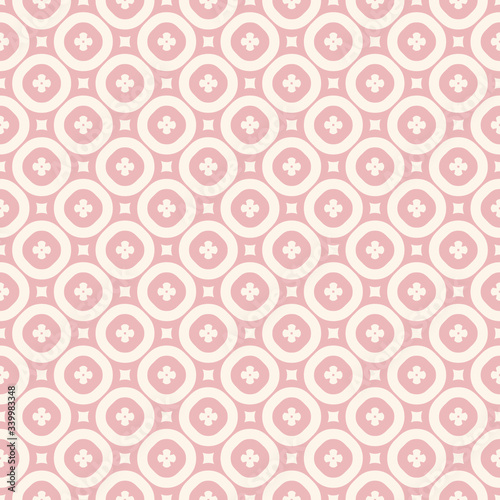 Elegant minimalist floral pattern in pink and beige colors. Subtle abstract geometric texture with small flowers  circles  grid  mesh  lattice. Simple repeat background. Cute design for girls  babies
