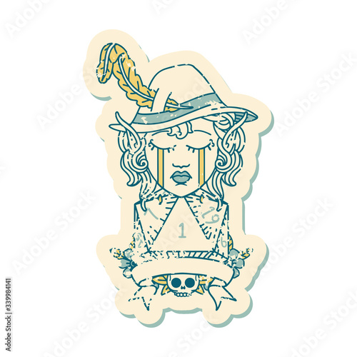 crying elf bard character with natural one D20 roll illustration