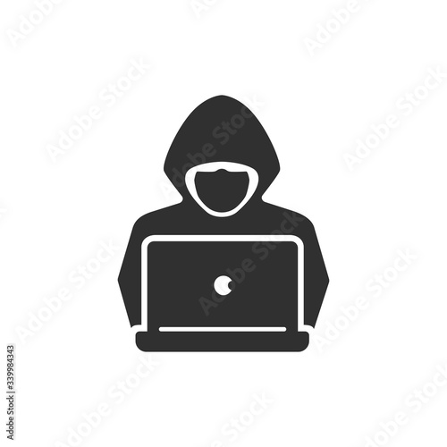 Computer hacker icon. Anonymous man with mask on laptop vector illustration