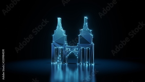 3d rendering wireframe neon glowing symbol of Petronas twin tower on black background with reflection