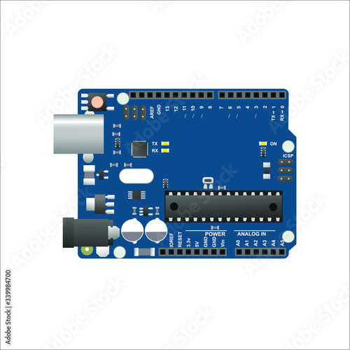 Realistic arduino board detailed illustration of the top view. For education. Stock Vector illustration.