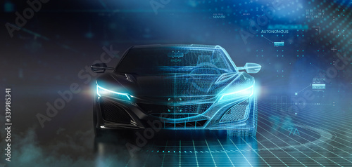 Futuristic sports car wireframe intersection with custom LED lights (3D Illustration) © Open Studio