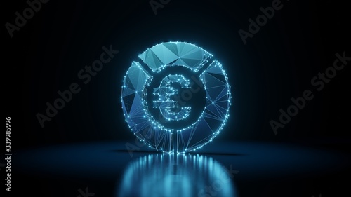 3d rendering wireframe neon glowing symbol of pie chart on black background with reflection