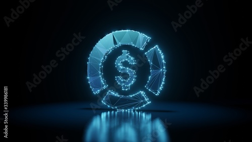 3d rendering wireframe neon glowing symbol of pie chart on black background with reflection