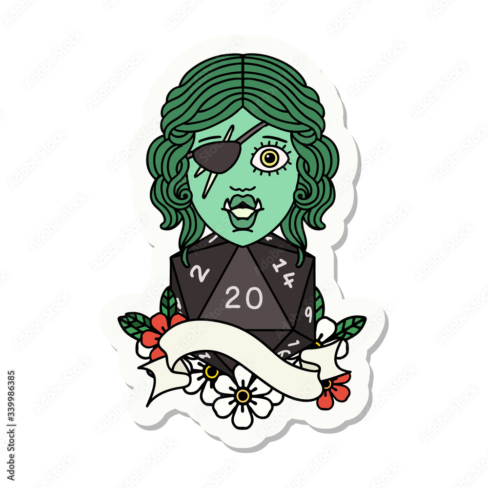 half orc rogue with natural twenty dice roll sticker half orc rogue with natural twenty dice roll sticker