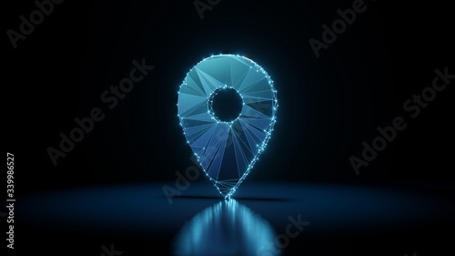3d rendering wireframe neon glowing symbol of placeholder on black background with reflection
