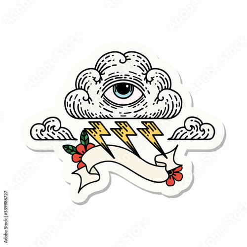 tattoo sticker with banner of an all seeing eye cloud
