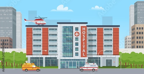 Big hospital with ambulance cars and a helicopter on the roof. Panorama city with hospital.Vector illustration in flat style. Background for games and mobile applications.