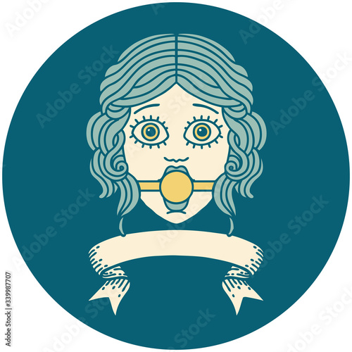 icon with banner of female face with ball gag