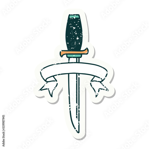 grunge sticker with banner of a dagger