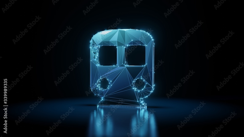 3d rendering wireframe neon glowing symbol of public transport subway on black background with reflection