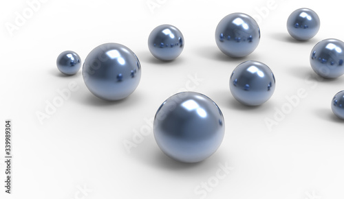 Abstract chrome spheres, background with blue balls and realistic shadows, 3d rendering