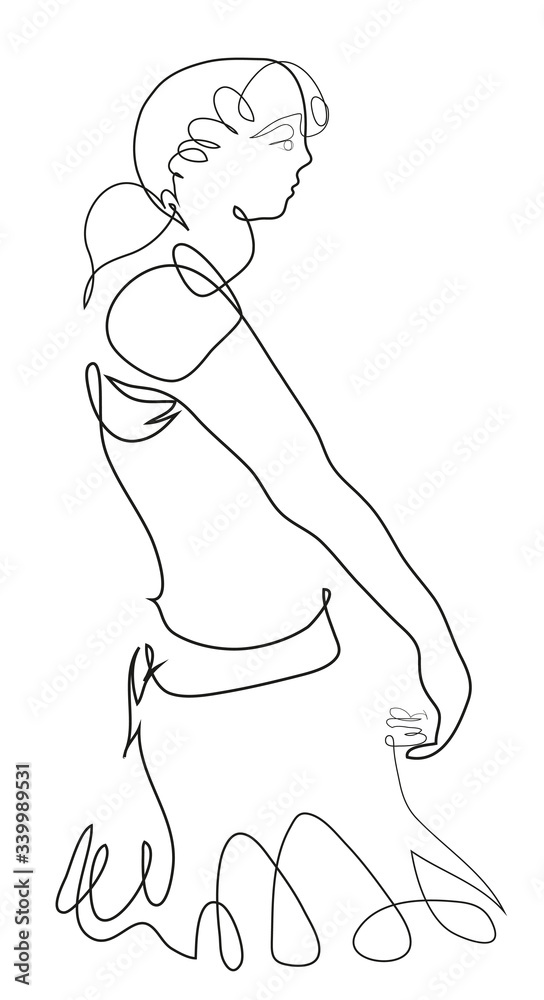 One continuous line drawing of woman walking alone.
illustration of walking young woman pose.