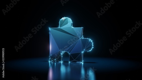Canvas-taulu 3d rendering wireframe neon glowing symbol of puzzle on black background with re