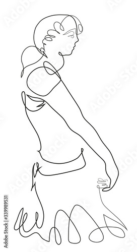 One continuous line drawing of woman walking alone. illustration of walking young woman pose.